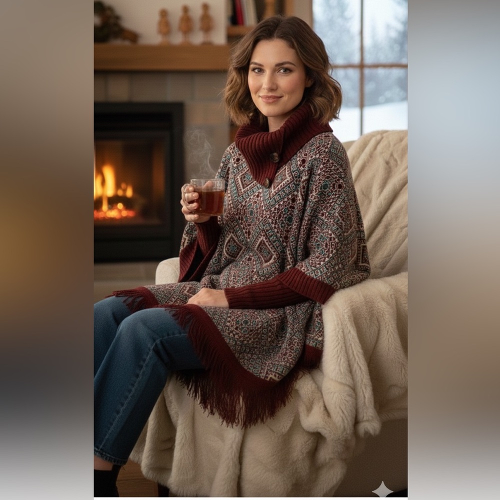 Arian & Shine Soft Wool Funnel Neck Boho Poncho With Fringe